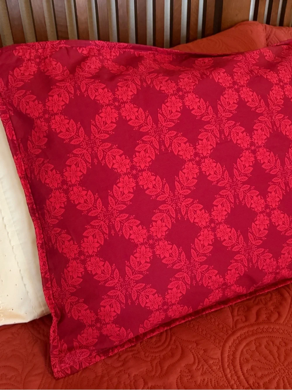 St. Nicholas Square Poinsettia Quilted Pillow Shams Red Cream Cottage Christmas